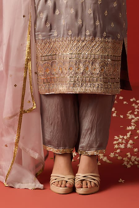 Shop OHH CROW Grey Cotton, Silk Sequins, Diamonds, Zari Scoop Hand Embroidered Kurta Pant Set Online at Aza Fashions Shop_OHH CROW_Grey Cotton, Silk Sequins, Diamonds, Zari Scoop Hand Embroidered Kurta Pant Set _Online_at_Aza_Fashions