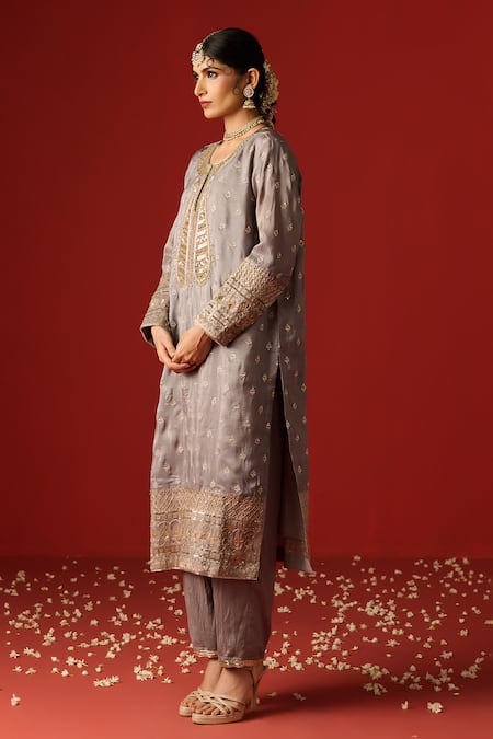 OHH CROW Grey Cotton, Silk Sequins, Diamonds, Zari Scoop Hand Embroidered Kurta Pant Set at Aza Fashions OHH CROW_Grey Cotton, Silk Sequins, Diamonds, Zari Scoop Hand Embroidered Kurta Pant Set _at_Aza_Fashions