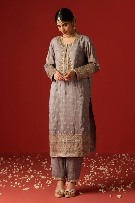 Buy OHH CROW Grey Cotton, Silk Sequins, Diamonds, Zari Scoop Hand Embroidered Kurta Pant Set Buy_OHH CROW_Grey Cotton, Silk Sequins, Diamonds, Zari Scoop Hand Embroidered Kurta Pant Set