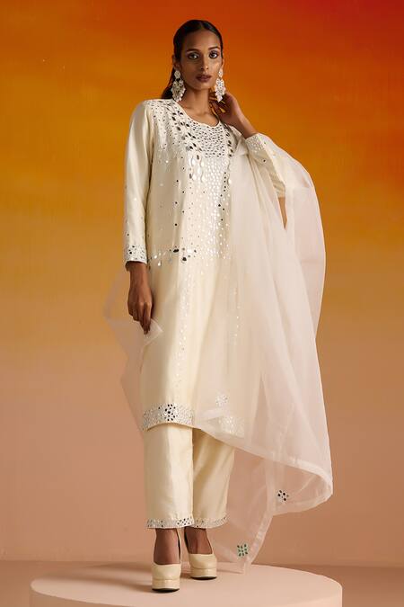 OHH CROW Ivory Silk, Cotton Beads, Mirrors, Embroidery Round Neck And Hand Kurta Pant Set Online at Aza Fashions OHH CROW_Ivory Silk, Cotton Beads, Mirrors, Embroidery Round Neck And Hand Kurta Pant Set _Online_at_Aza_Fashions
