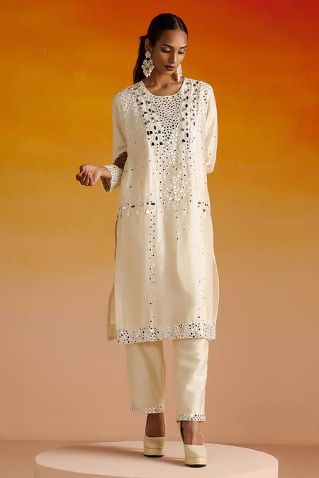 Buy OHH CROW Ivory Silk, Cotton Beads, Mirrors, Embroidery Round Neck And Hand Kurta Pant Set Online at Aza Fashions Buy_OHH CROW_Ivory Silk, Cotton Beads, Mirrors, Embroidery Round Neck And Hand Kurta Pant Set _Online_at_Aza_Fashions