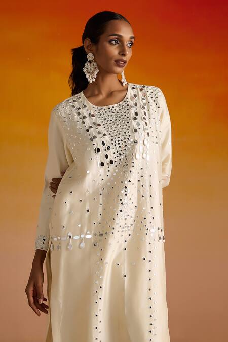 OHH CROW Ivory Silk, Cotton Beads, Mirrors, Embroidery Round Neck And Hand Kurta Pant Set at Aza Fashions OHH CROW_Ivory Silk, Cotton Beads, Mirrors, Embroidery Round Neck And Hand Kurta Pant Set _at_Aza_Fashions