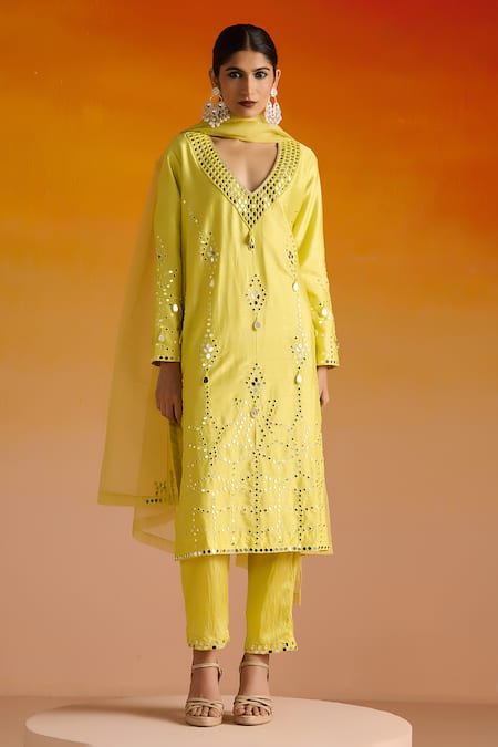 OHH CROW Yellow Raw Silk Hand Embroidered Mirror Work Deep Plunge Kurta Pant Set 