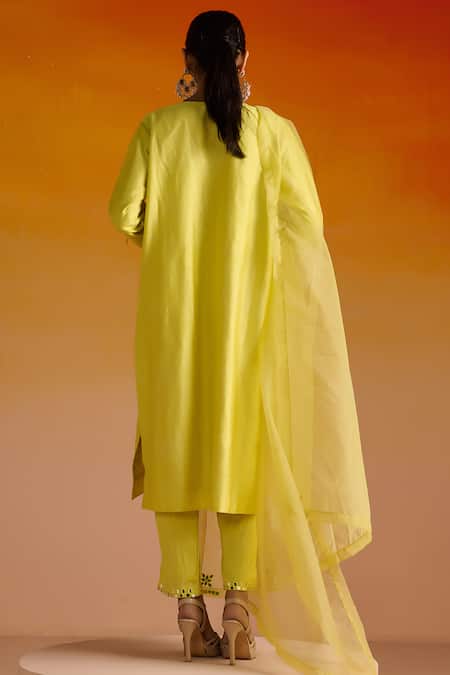 Shop OHH CROW Yellow Silk, Cotton, Chiffon Beads, Mirrors, Embroidery Hand Kurta Pant Set at Aza Fashions Shop_OHH CROW_Yellow Silk, Cotton, Chiffon Beads, Mirrors, Embroidery Hand Kurta Pant Set _at_Aza_Fashions