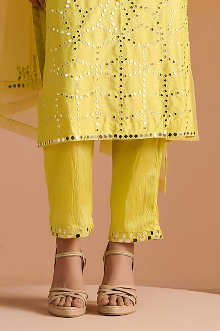 OHH CROW Yellow Silk, Cotton, Chiffon Beads, Mirrors, Embroidery Hand Kurta Pant Set Online at Aza Fashions OHH CROW_Yellow Silk, Cotton, Chiffon Beads, Mirrors, Embroidery Hand Kurta Pant Set _Online_at_Aza_Fashions