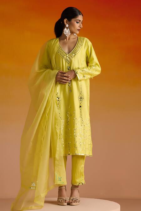 Buy OHH CROW Yellow Silk, Cotton, Chiffon Beads, Mirrors, Embroidery Hand Kurta Pant Set Online at Aza Fashions Buy_OHH CROW_Yellow Silk, Cotton, Chiffon Beads, Mirrors, Embroidery Hand Kurta Pant Set _Online_at_Aza_Fashions