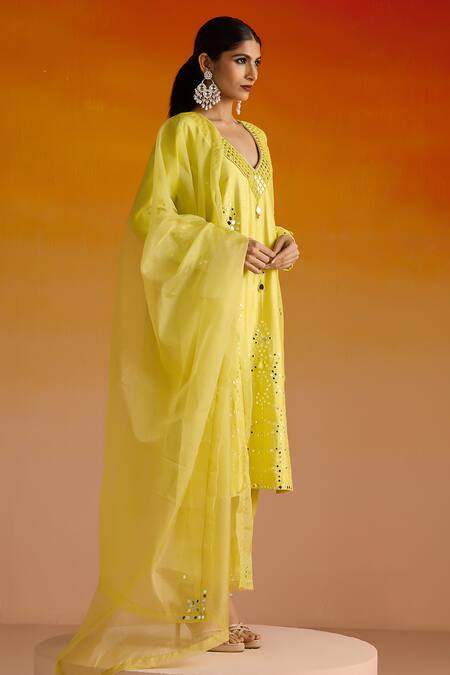 Shop OHH CROW Yellow Silk, Cotton, Chiffon Beads, Mirrors, Embroidery Hand Kurta Pant Set Online at Aza Fashions Shop_OHH CROW_Yellow Silk, Cotton, Chiffon Beads, Mirrors, Embroidery Hand Kurta Pant Set _Online_at_Aza_Fashions