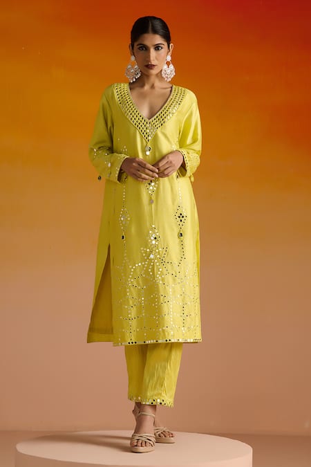 OHH CROW Yellow Silk, Cotton, Chiffon Beads, Mirrors, Embroidery Hand Kurta Pant Set at Aza Fashions OHH CROW_Yellow Silk, Cotton, Chiffon Beads, Mirrors, Embroidery Hand Kurta Pant Set _at_Aza_Fashions