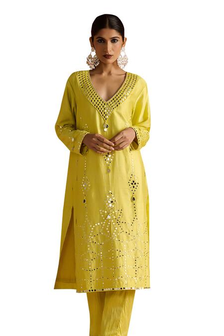 Buy OHH CROW Yellow Silk, Cotton, Chiffon Beads, Mirrors, Embroidery Hand Kurta Pant Set Buy_OHH CROW_Yellow Silk, Cotton, Chiffon Beads, Mirrors, Embroidery Hand Kurta Pant Set