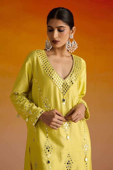 Shop OHH CROW Yellow Silk, Cotton, Chiffon Beads, Mirrors, Embroidery Hand Kurta Pant Set Shop_OHH CROW_Yellow Silk, Cotton, Chiffon Beads, Mirrors, Embroidery Hand Kurta Pant Set