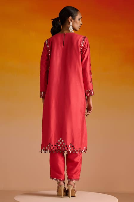 Shop OHH CROW Red Silk, Cotton Beads, Mirrors, Embroidery Round Neck Hand And Kurta Pant Set at Aza Fashions Shop_OHH CROW_Red Silk, Cotton Beads, Mirrors, Embroidery Round Neck Hand And Kurta Pant Set _at_Aza_Fashions