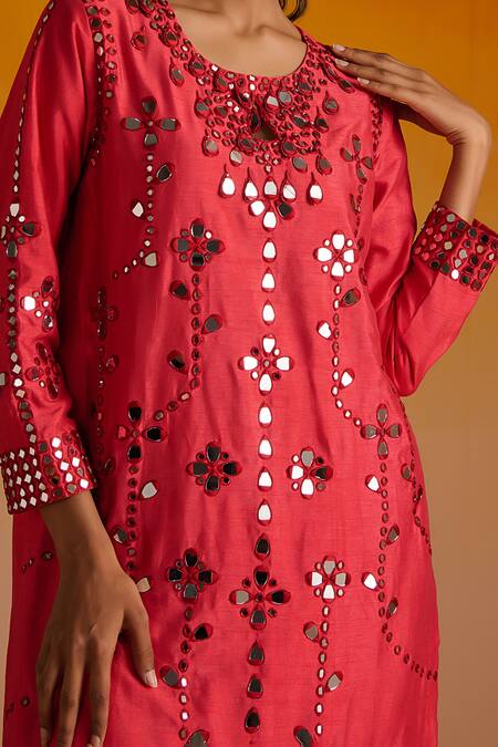 OHH CROW Red Silk, Cotton Beads, Mirrors, Embroidery Round Neck Hand And Kurta Pant Set Online at Aza Fashions OHH CROW_Red Silk, Cotton Beads, Mirrors, Embroidery Round Neck Hand And Kurta Pant Set _Online_at_Aza_Fashions