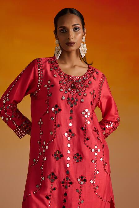 Buy OHH CROW Red Silk, Cotton Beads, Mirrors, Embroidery Round Neck Hand And Kurta Pant Set Online at Aza Fashions Buy_OHH CROW_Red Silk, Cotton Beads, Mirrors, Embroidery Round Neck Hand And Kurta Pant Set _Online_at_Aza_Fashions