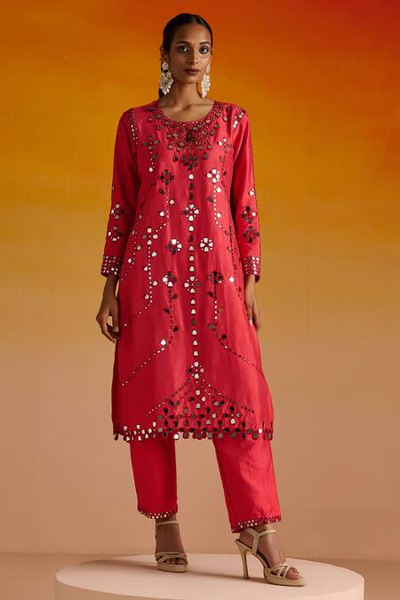 Shop OHH CROW Red Silk, Cotton Beads, Mirrors, Embroidery Round Neck Hand And Kurta Pant Set Online at Aza Fashions Shop_OHH CROW_Red Silk, Cotton Beads, Mirrors, Embroidery Round Neck Hand And Kurta Pant Set _Online_at_Aza_Fashions