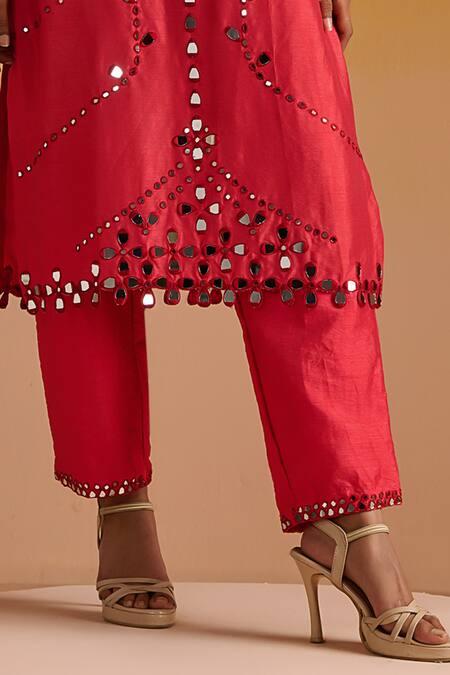 OHH CROW Red Silk, Cotton Beads, Mirrors, Embroidery Round Neck Hand And Kurta Pant Set at Aza Fashions OHH CROW_Red Silk, Cotton Beads, Mirrors, Embroidery Round Neck Hand And Kurta Pant Set _at_Aza_Fashions
