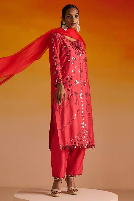 Buy OHH CROW Red Silk, Cotton Beads, Mirrors, Embroidery Round Neck Hand And Kurta Pant Set Buy_OHH CROW_Red Silk, Cotton Beads, Mirrors, Embroidery Round Neck Hand And Kurta Pant Set
