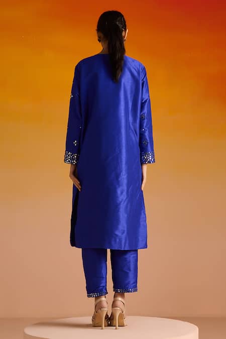 Shop OHH CROW Blue Silk, Cotton Beads, Mirrors, Embroidery Hand Mirrorwork Kurta Pant Set at Aza Fashions Shop_OHH CROW_Blue Silk, Cotton Beads, Mirrors, Embroidery Hand Mirrorwork Kurta Pant Set _at_Aza_Fashions