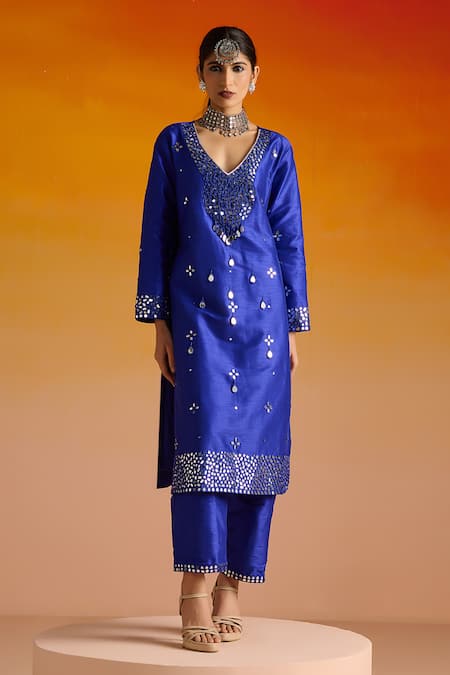 OHH CROW Blue Silk, Cotton Beads, Mirrors, Embroidery Hand Mirrorwork Kurta Pant Set Online at Aza Fashions OHH CROW_Blue Silk, Cotton Beads, Mirrors, Embroidery Hand Mirrorwork Kurta Pant Set _Online_at_Aza_Fashions