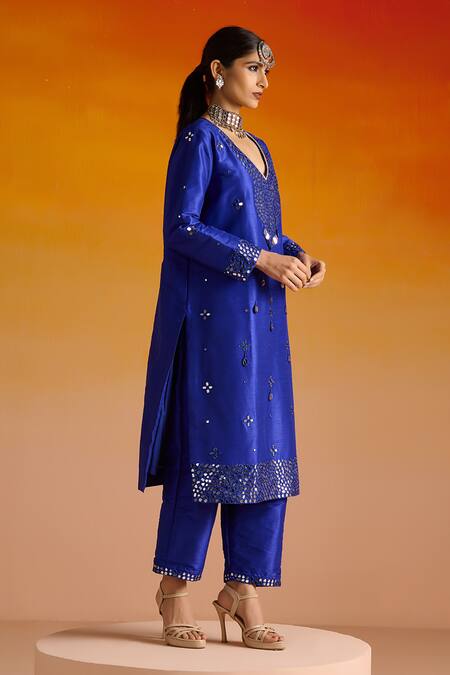 Buy OHH CROW Blue Silk, Cotton Beads, Mirrors, Embroidery Hand Mirrorwork Kurta Pant Set Online at Aza Fashions Buy_OHH CROW_Blue Silk, Cotton Beads, Mirrors, Embroidery Hand Mirrorwork Kurta Pant Set _Online_at_Aza_Fashions