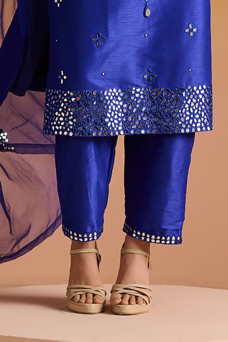 Shop OHH CROW Blue Silk, Cotton Beads, Mirrors, Embroidery Hand Mirrorwork Kurta Pant Set Online at Aza Fashions Shop_OHH CROW_Blue Silk, Cotton Beads, Mirrors, Embroidery Hand Mirrorwork Kurta Pant Set _Online_at_Aza_Fashions