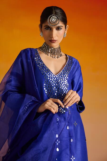 OHH CROW Blue Silk, Cotton Beads, Mirrors, Embroidery Hand Mirrorwork Kurta Pant Set at Aza Fashions OHH CROW_Blue Silk, Cotton Beads, Mirrors, Embroidery Hand Mirrorwork Kurta Pant Set _at_Aza_Fashions