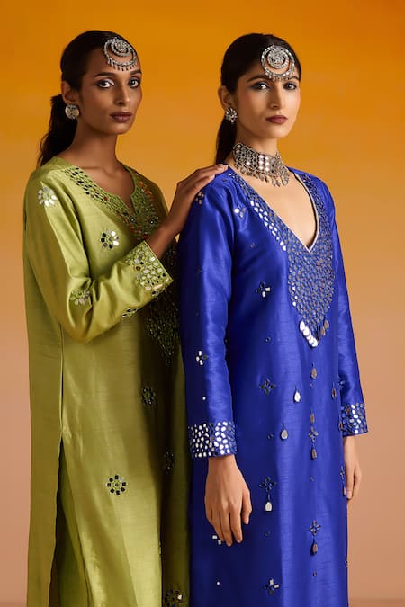 Buy OHH CROW Blue Silk, Cotton Beads, Mirrors, Embroidery Hand Mirrorwork Kurta Pant Set Buy_OHH CROW_Blue Silk, Cotton Beads, Mirrors, Embroidery Hand Mirrorwork Kurta Pant Set