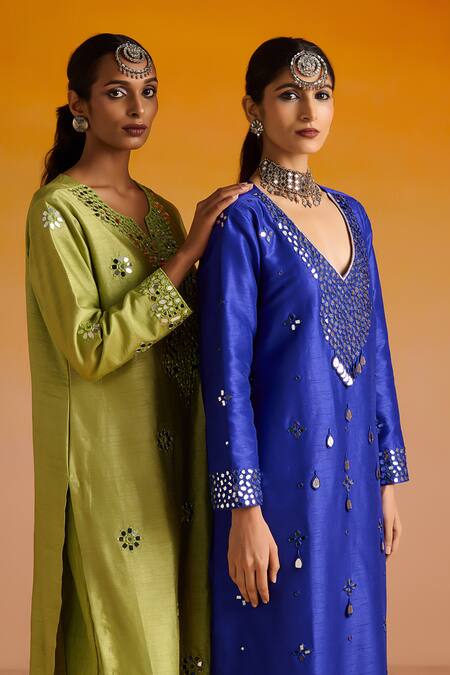 OHH CROW Green Silk, Cotton Embroidery, Mirrors, Beads Collared And Kurta Pant Set Online at Aza Fashions OHH CROW_Green Silk, Cotton Embroidery, Mirrors, Beads Collared And Kurta Pant Set _Online_at_Aza_Fashions
