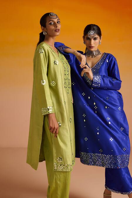 Buy OHH CROW Green Silk, Cotton Embroidery, Mirrors, Beads Collared And Kurta Pant Set Online at Aza Fashions Buy_OHH CROW_Green Silk, Cotton Embroidery, Mirrors, Beads Collared And Kurta Pant Set _Online_at_Aza_Fashions