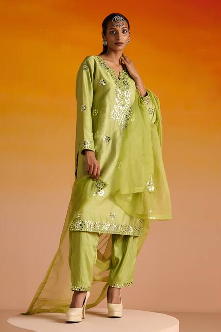 Shop OHH CROW Green Silk, Cotton Embroidery, Mirrors, Beads Collared And Kurta Pant Set Online at Aza Fashions Shop_OHH CROW_Green Silk, Cotton Embroidery, Mirrors, Beads Collared And Kurta Pant Set _Online_at_Aza_Fashions