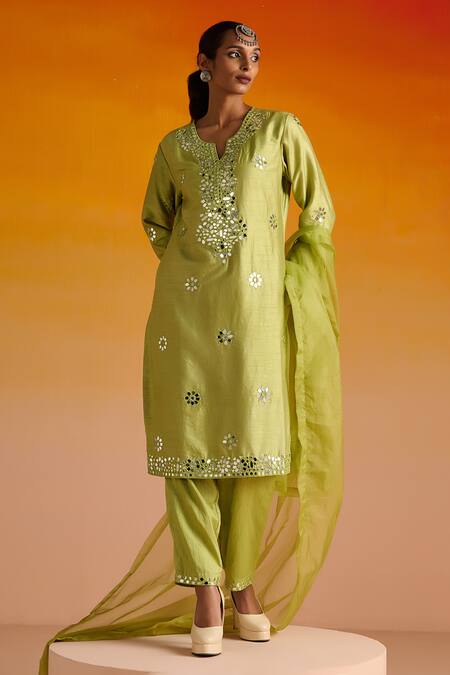 Buy OHH CROW Green Silk, Cotton Embroidery, Mirrors, Beads Collared And Kurta Pant Set Buy_OHH CROW_Green Silk, Cotton Embroidery, Mirrors, Beads Collared And Kurta Pant Set