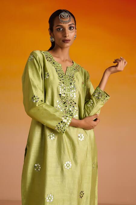 Shop OHH CROW Green Silk, Cotton Embroidery, Mirrors, Beads Collared And Kurta Pant Set Shop_OHH CROW_Green Silk, Cotton Embroidery, Mirrors, Beads Collared And Kurta Pant Set