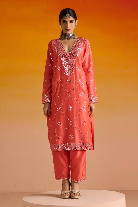 Buy OHH CROW Pink Silk, Cotton Beads, Mirrors, Embroidery Plunge Neck And Kurta Pant Set Online at Aza Fashions Buy_OHH CROW_Pink Silk, Cotton Beads, Mirrors, Embroidery Plunge Neck And Kurta Pant Set _Online_at_Aza_Fashions