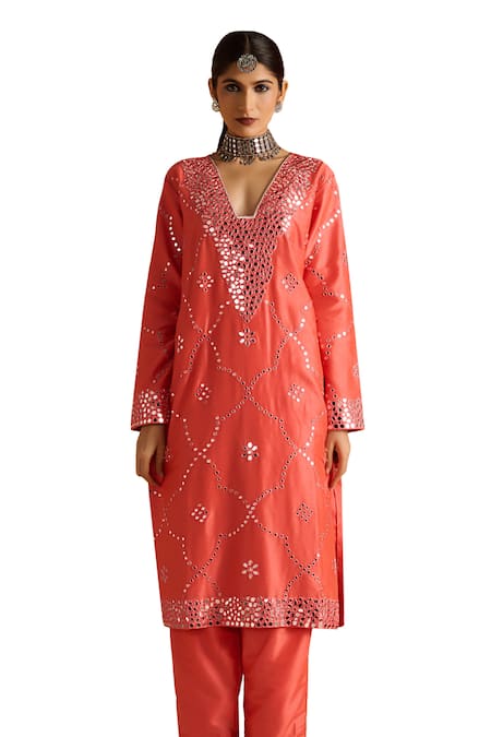 OHH CROW Pink Silk, Cotton Beads, Mirrors, Embroidery Plunge Neck And Kurta Pant Set at Aza Fashions OHH CROW_Pink Silk, Cotton Beads, Mirrors, Embroidery Plunge Neck And Kurta Pant Set _at_Aza_Fashions