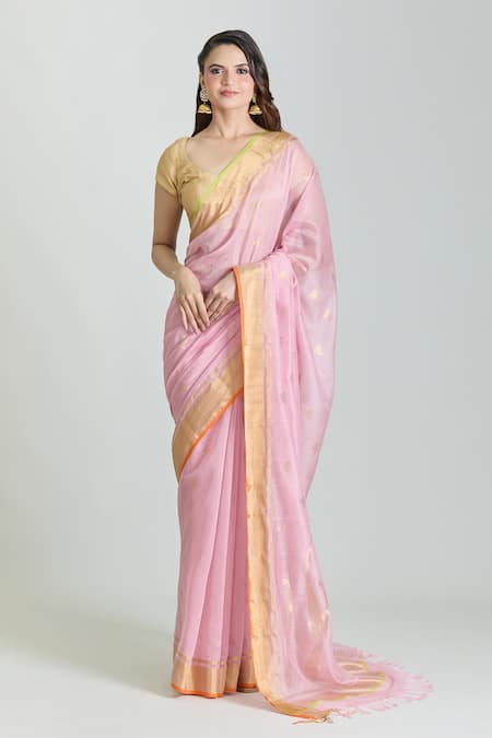 Mint N Oranges Pink Chanderi Woven Zari Pure Saree With Unstitched Blouse Piece 