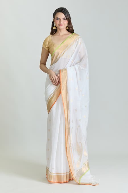 Mint N Oranges White Chanderi Woven Zari Pure Saree With Unstitched Blouse