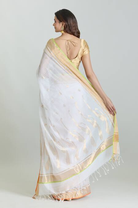 Shop_Mint N Oranges_White Chanderi Woven Zari Pure Saree With Unstitched Blouse _at_Aza_Fashions