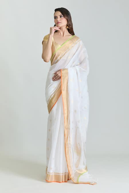 Mint N Oranges_White Chanderi Woven Zari Pure Saree With Unstitched Blouse _Online_at_Aza_Fashions