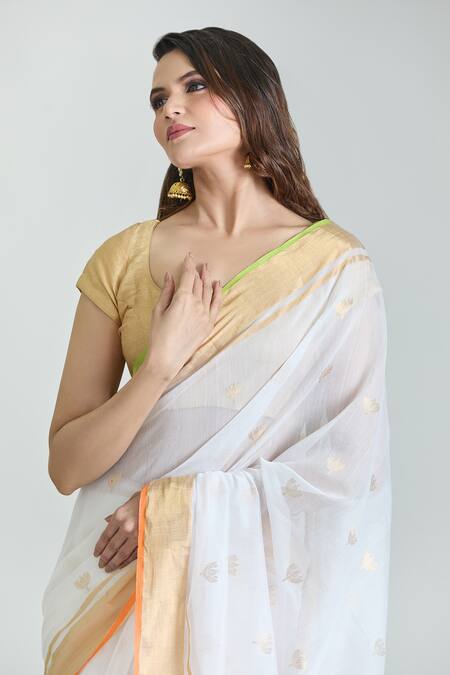 Buy_Mint N Oranges_White Chanderi Woven Zari Pure Saree With Unstitched Blouse _Online_at_Aza_Fashions