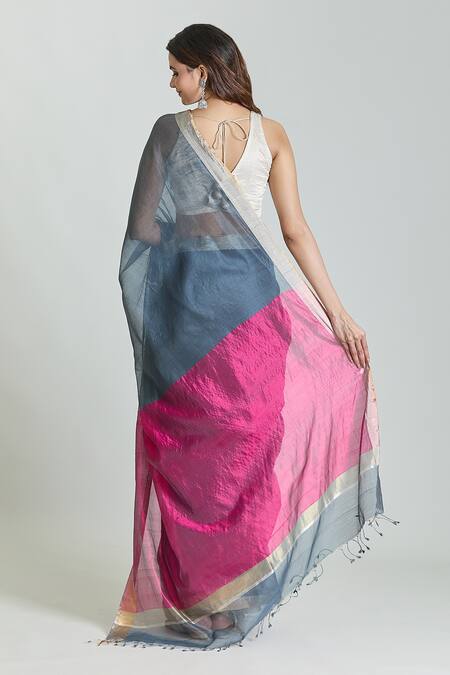 Shop Mint N Oranges Grey Chanderi Handwoven Saree With Unstitched Blouse Fabric at Aza Fashions Shop_Mint N Oranges_Grey Chanderi Handwoven Saree With Unstitched Blouse Fabric_at_Aza_Fashions