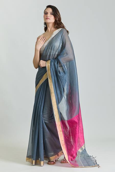 Mint N Oranges Grey Chanderi Handwoven Saree With Unstitched Blouse Fabric Online at Aza Fashions Mint N Oranges_Grey Chanderi Handwoven Saree With Unstitched Blouse Fabric_Online_at_Aza_Fashions