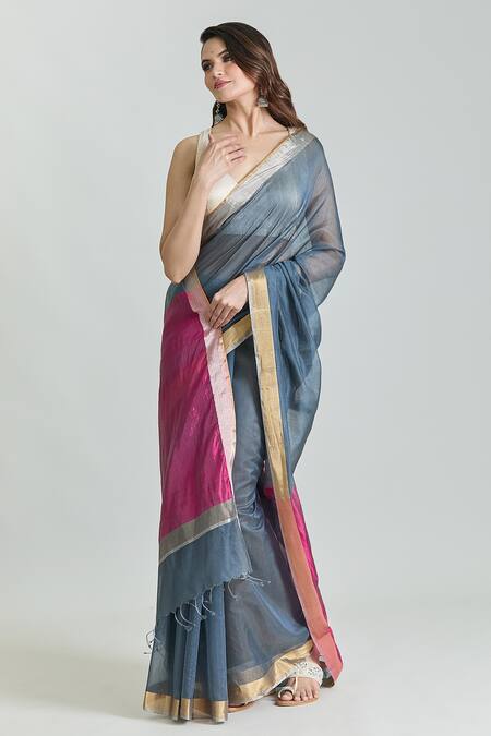 Shop Mint N Oranges Grey Chanderi Handwoven Saree With Unstitched Blouse Fabric Online at Aza Fashions Shop_Mint N Oranges_Grey Chanderi Handwoven Saree With Unstitched Blouse Fabric_Online_at_Aza_Fashions