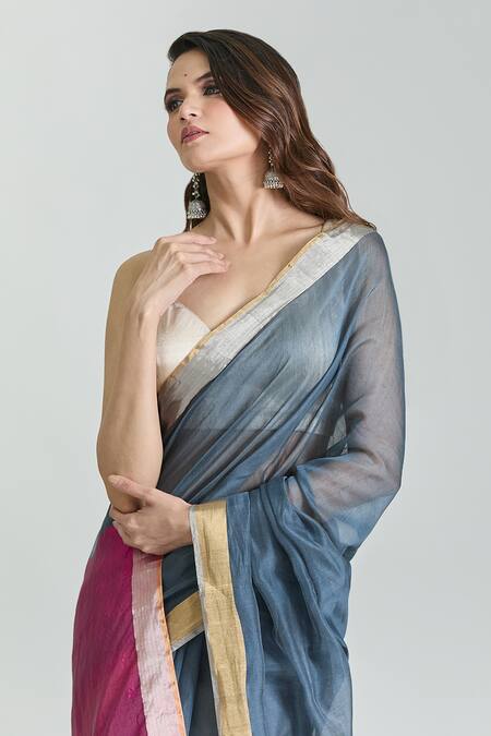 Mint N Oranges Grey Chanderi Handwoven Saree With Unstitched Blouse Fabric at Aza Fashions Mint N Oranges_Grey Chanderi Handwoven Saree With Unstitched Blouse Fabric_at_Aza_Fashions