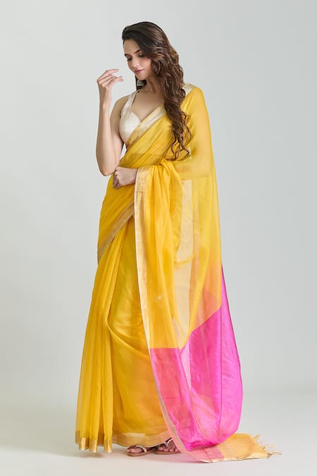 Mint N Oranges_Yellow Chanderi, Silk Saree With Unstitched Blouse Piece _Online_at_Aza_Fashions