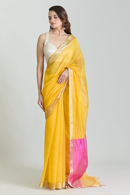 Buy_Mint N Oranges_Yellow Chanderi, Silk Saree With Unstitched Blouse Piece _Online_at_Aza_Fashions