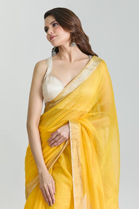 Shop_Mint N Oranges_Yellow Chanderi, Silk Saree With Unstitched Blouse Piece _Online_at_Aza_Fashions
