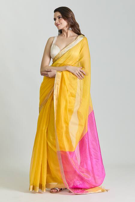 Mint N Oranges_Yellow Chanderi, Silk Saree With Unstitched Blouse Piece _at_Aza_Fashions