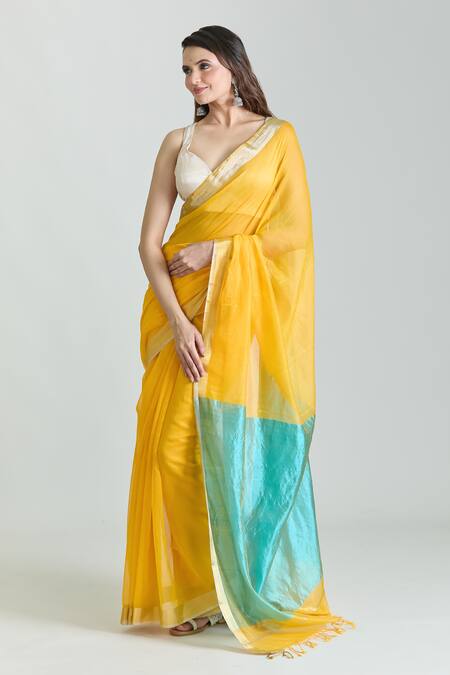 Mint N Oranges_Yellow Chanderi Woven Saree With Unstitched Blouse Piece _Online_at_Aza_Fashions