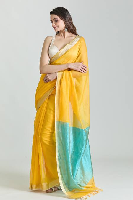 Buy_Mint N Oranges_Yellow Chanderi Woven Saree With Unstitched Blouse Piece _Online_at_Aza_Fashions