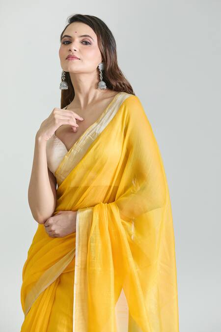 Mint N Oranges_Yellow Chanderi Woven Saree With Unstitched Blouse Piece _at_Aza_Fashions