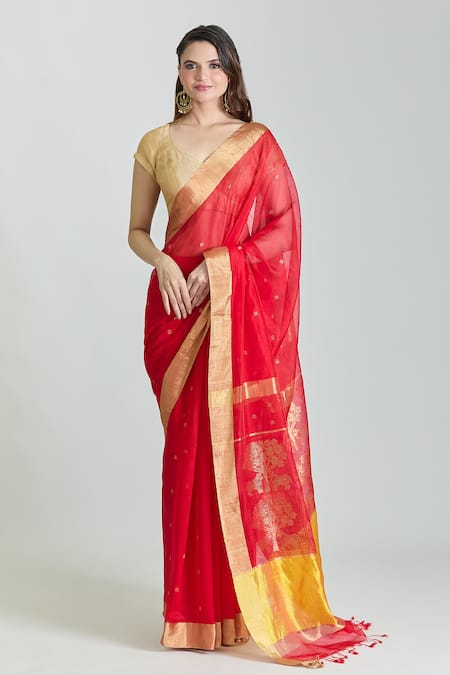 Mint N Oranges Red Chanderi Woven Saree With Unstitched Blouse Fabric